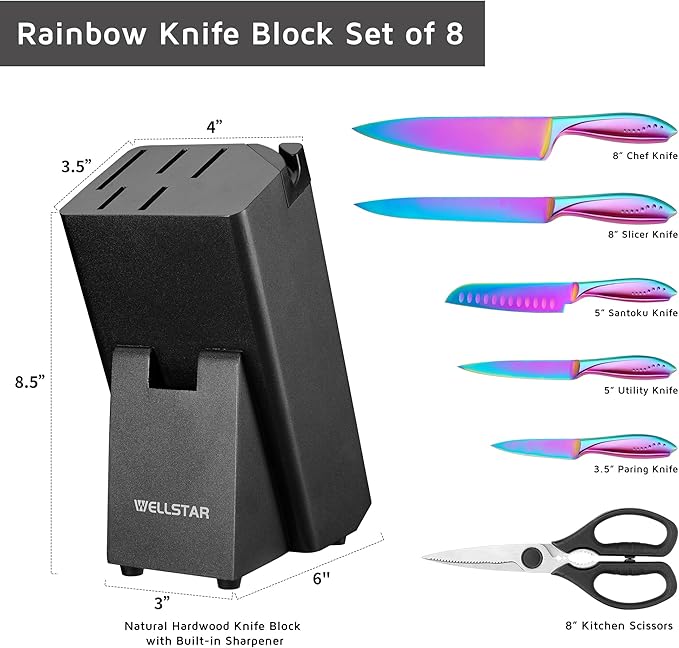 WELLSTAR Rainbow Knife Set 8 Pieces, Iridescent German Stainless Steel Kitchen Knives Set with Wooden Block, Colorful Titanium Coating, Chef?셲 Knife Block Set with Scissors and Built-in Sharpener