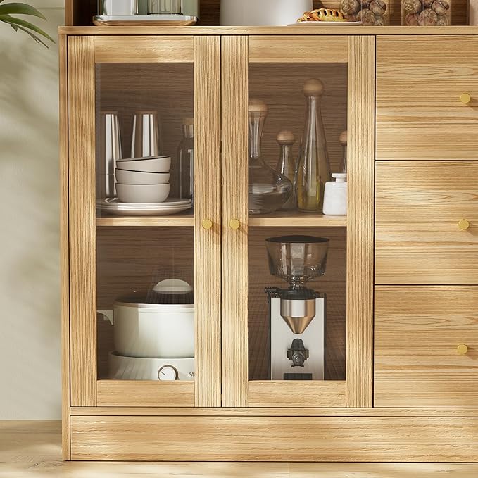 VOWNER Large Kitchen Hutch Cabinet, Kitchen Pantry Storage Cabinet with 6 Glass Doors, 3 Drawers & Microwave Shelf, Freestanding Cupboard for Open Storage, (Wood)