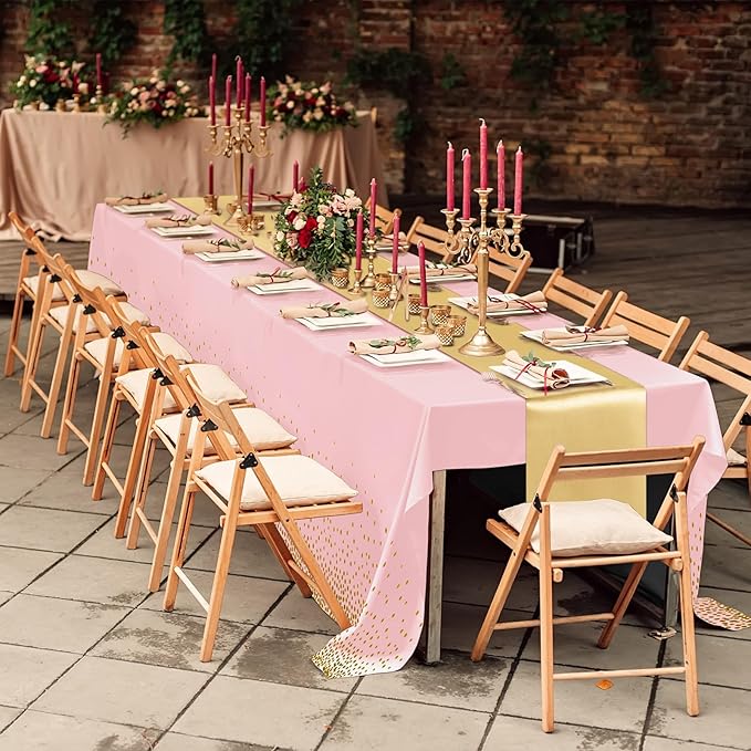 Tudomro 16 Pieces Pink and Gold Disposable Plastic Tablecloths and Satin Table Runner Set 54x108 Inch Tablecloth 12x108 Inch Table Runners for New Year Wedding Birthday Baby Shower Graduation