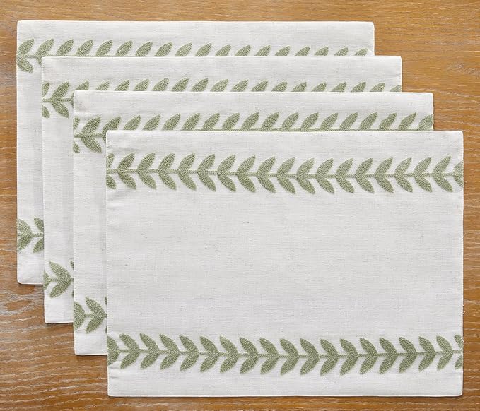 Wracra Embroidered Placemats, 13 x 18 Inch Set of 4 Placemats, Irregular Willow Rustic Place Mats for Kitchen Table and Heat Resistant, Light Sage Green 4PCS