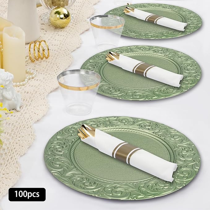 100pcs Green Charger Plates, 13" Round Reusable Decorative Flower Relief Carving Bulk Chargers for Dinner Plates, Wedding, Bridal Shower