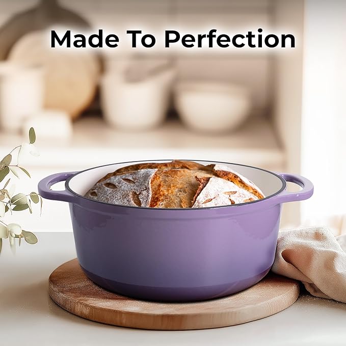 Zulay Kitchen 6 Quart Enameled Cast Iron Dutch Oven Pot with Lid ??Premium Durability & Oven Safe up to 500째F ??Heavy Duty Cookware Perfect for Bread Baking, Stews, Braising & Roasting ??Lavender Jade