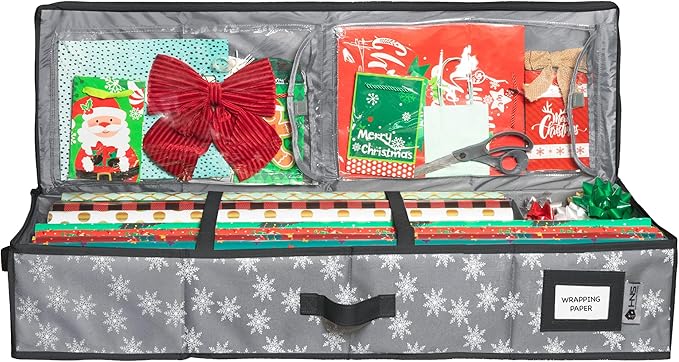 HOLDN??STORAGE Premium Wrapping Paper Storage Container - Durable 600D Tear-Proof, Fits 27 Rolls Gift Wrap, Extra Pockets for Ribbons & Bows, Underbed Storage - Ideal for Holiday Christmas, Grey/White Snowflakes