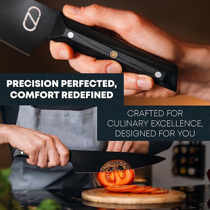 NOVAWARE 5 Pc Kitchen Knife Set ??Ultra Sharp 60 HRC Chef Knife Sets, Black Titanium Coated Steel, Ergonomic G10 Handles ??Chef Knives Without Block + Mini-Knife, Professional Knives Set for Kitchen