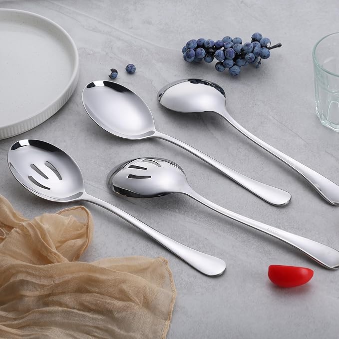 E-far Large Serving Spoons Set of 4, 9.8 Inch Stainless Steel Serving Utensils Set Includes Slotted & Solid Spoons for Buffet Party Catering Wedding Kitchen Restaurant, Dishwasher Safe