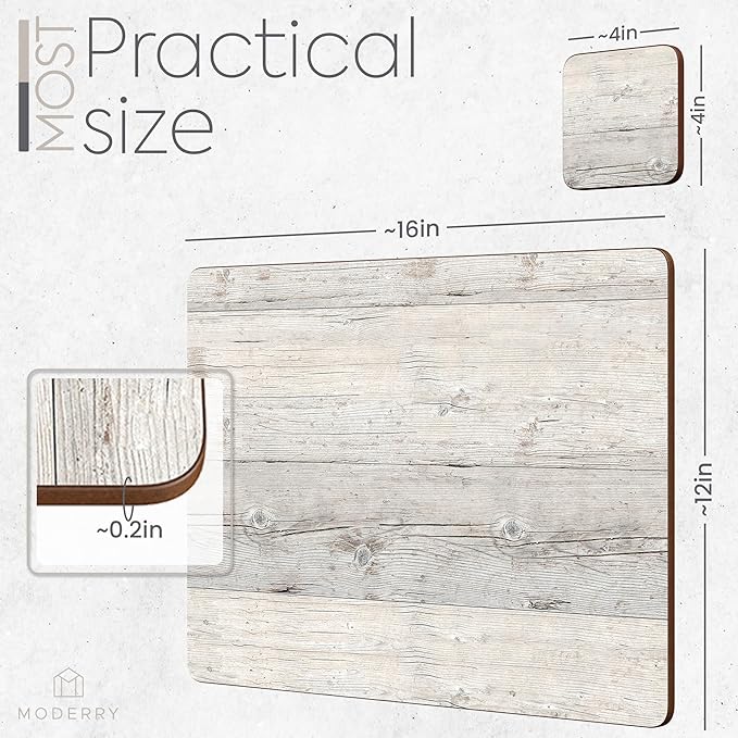 Moderry Set of 4 Heat Resistant Cork Placemats for Dining Table with Free Set of 4 Matching Drink Coasters Cork Wood Design Print 16 x 12 Inches Cork Backed Hard Placemats (White Driftwood)