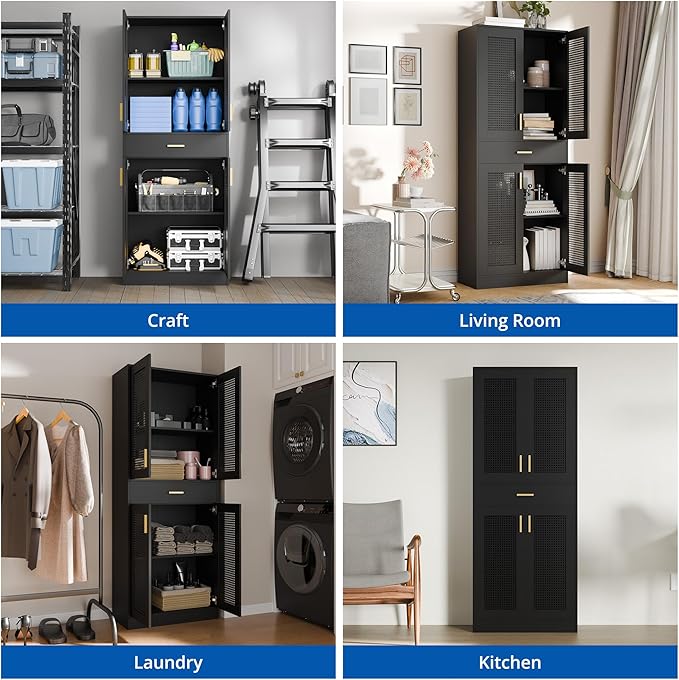 Cozy Castle Kitchen Pantry Cabinet, 71" Tall Rattan Doors Storage Cabinet with Large Drawer and Adjustable Shelves, Freestanding Rattan Pantry Cabinets for Kitchen, Dining Room, Living Room, Black