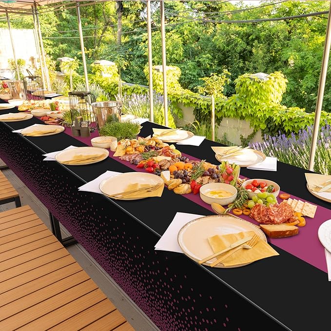 3Pcs Black and Maroon Purple Tablecloth Party Decorations,Plastic Black Table Cloth Printed Maroon Purple Table Runner Disposable Rectangle Table Cover for Birthday Wedding Graduation Party,54x108Inch