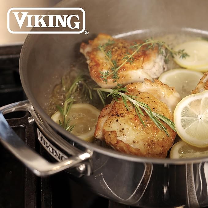 Viking PureGlide Pro 3-Ply Nonstick Saut챕 Pan with Lid, Made without PFAS, 4.5-Quart Induction Deep Frying Pan with Helper Handle, Metal Utensil Safe Titanium Nonstick Surface, Oven Safe to 600F