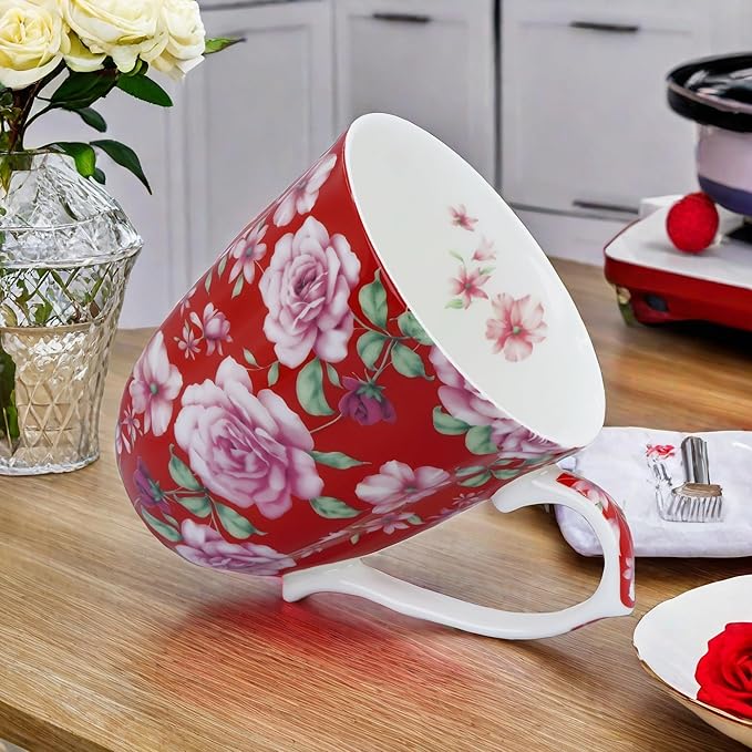14oz Bone China Coffee Mugs for Women Floral Coffee Mug Tea Cups Novetly Coffee Cups Gift for Women Mom Friends (Bright red rose)