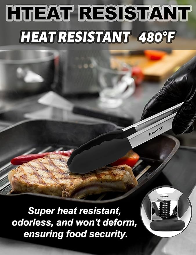 Anaeat Non-Stick Silicone Locking Tong Set of 3 - Stainless Steel 7", 9", 12" Kitchen Food Tongs with Non-Slip Silicone Tips and Grip for Cooking, Baking and BBQ - Heat Resistant up to 480째F (Black)