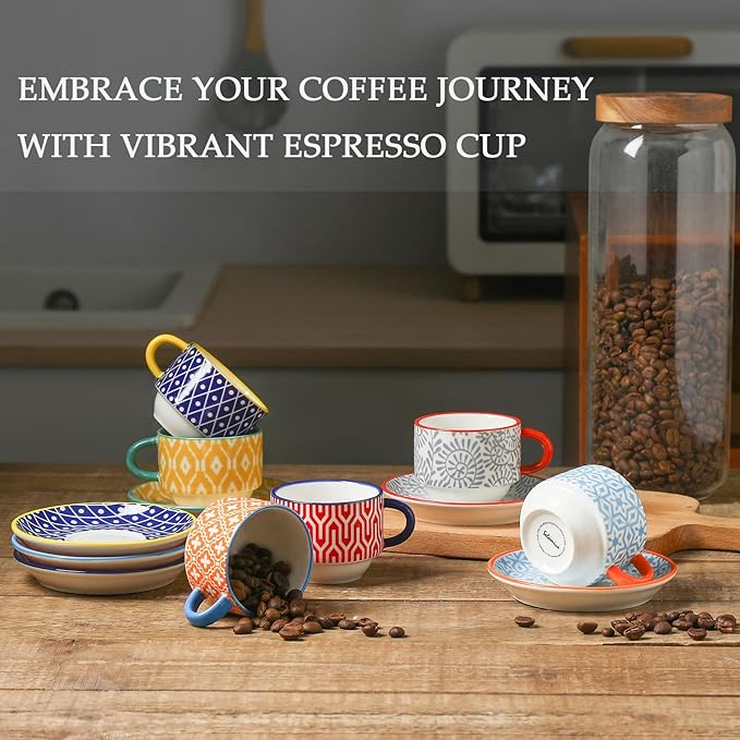 Selamica Ceramic Espresso Cups with Saucers, 2.5 OZ Stackable Demitasse Cups with Metal Stand, Mini Espresso Mugs for Latte Coffee Caf챕 Mocha Tea, Set of 6, Assorted Colors