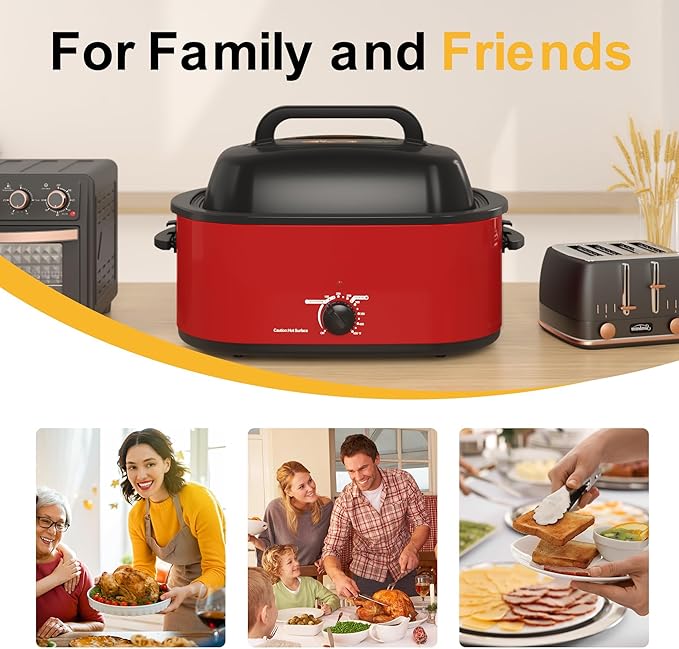 RoyalCraft 26-Quart Electric Roaster Oven with Visible Self-Basting Lid, Turkey Roaster Oven with Removable Pan and Rack, Perfect for Large Meals and Holiday Feasts, Red