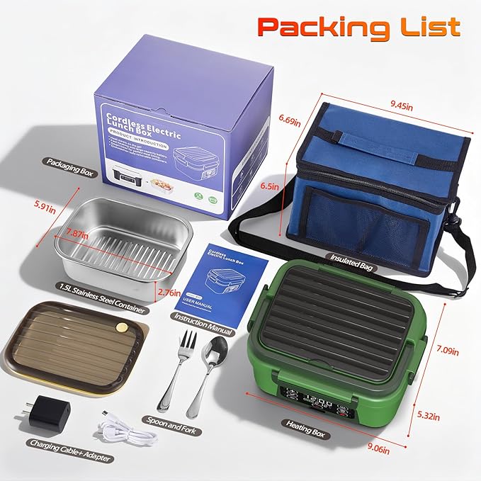 Cordless Electric Heated Lunch Box, 1.5L 6.3Cups 20000mAh Rechargeable Food Warmer Lunch Box with Self Heating, Smart Timer, Adjustable Temperature, Leakproof, BPA Free, Removable Tray Divider