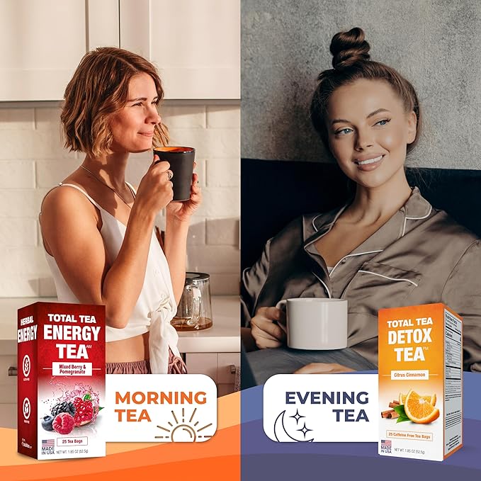 Total Tea Detox Tea & Energy Set - 25 Day Detox - Herbal SIim Tea with Chamomile - Hibiscus Tea and Ginger Root for Colon Cleanse ??Natural Citrus & Cinnamon Fruit Tea for Digestive Health