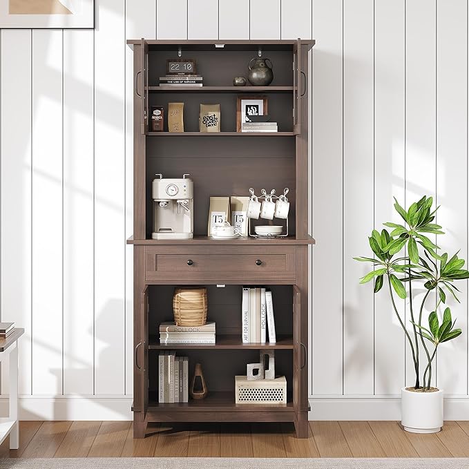 Elegant Brown Modern Wood Pantry Coffee Cabinet with Ample Storage, Spacious 72" Tall Kitchen Bar Cabinet Hutch Featuring 4 Stylish Glass Doors & 1 Smooth Drawer, Versatile Stand-Alone Food Pantry