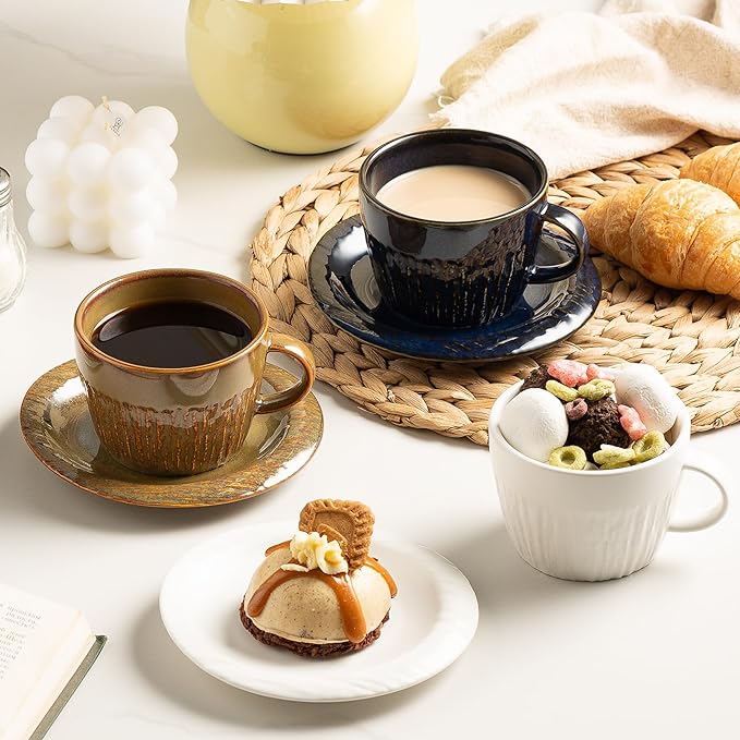 Ceramic Latte Cup with Saucer, 7 oz, Coffee Mug, Espresso Cups for Cappuccino, Milk Tea and Mocha, Dishwasher and Microwave Safe (blue)