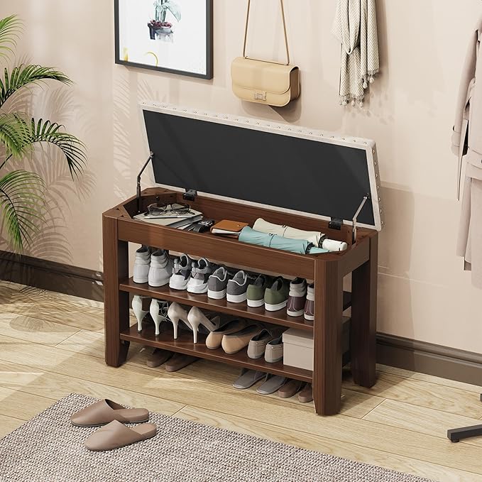 Shoe Bench for Entryway, Solid Rubberwood Shoe Bench with Hidden Storage, Adjustable 2-Tier Shelves & Soft PU Leather Seat, Shoe Rack Durable Easy Assembly for Hallway or Bedroom - Beige, 31.5"
