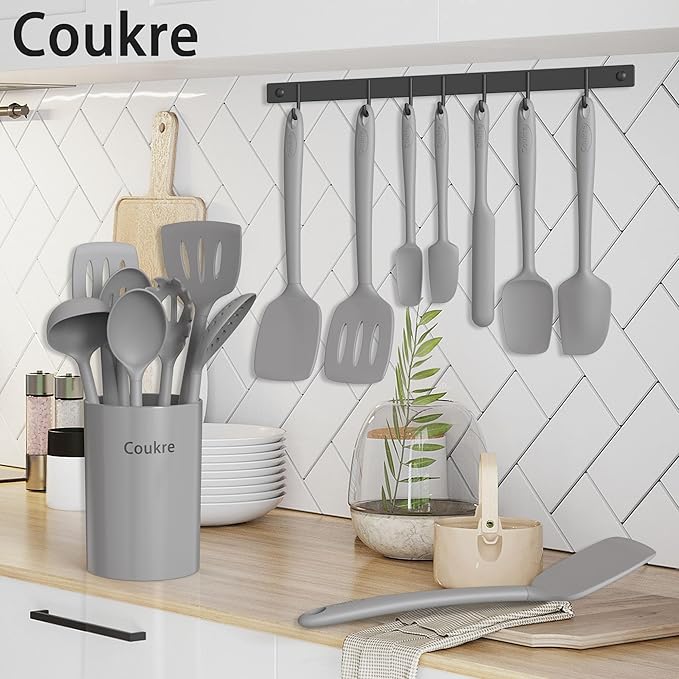 Coukre Silicone Kitchen Cooking Utensils Set with Holder ??Heat-Resistant, Food-Grade Kitchen Tools, Spatula, Spoon & Gadgets for Non-Stick Pans, Dishwasher Safe (14, PureGray)
