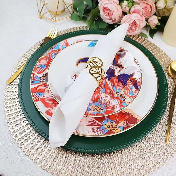Set of 12 Green Charger Plates with Beaded. 13" Reusable Plastic Table Chargers for Dinner Plates