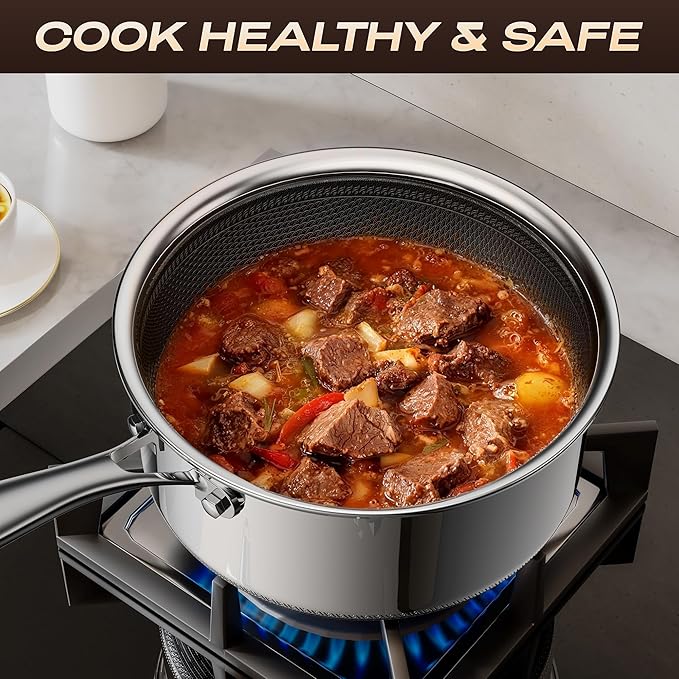 1 Quart Stainless Steel Saucepan with Glass Lid,6 Inch Hybrid Nonstick Sauce Pan,PFAS PFOA PTFE Free,Stay-Cool Handle,Dishwasher-Friendly,Oven-Safe,Small Pots Compatible with All Cooktops