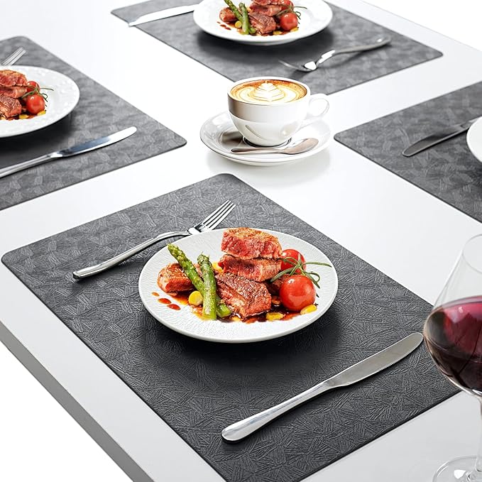 Uolr Vinyl Placemats Set of 4 Faux Leather 100% Waterproof Wipeable Washable Place Mats Heat Resistant Easy Clean Non-Slip Table Mats for Indoor Outdoor. (4,Gray)