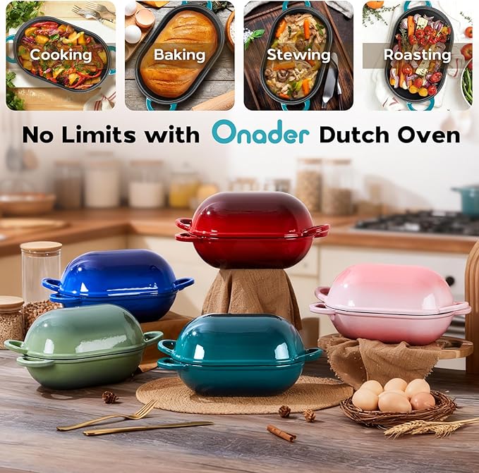 Onader Enameled Cast Iron Dutch Oven, Oval Dutch Oven Pot with Lid for Sourdough Bread Baking, 2.8QT Meatloaf Pan, Heavy Duty - Dark Cyan