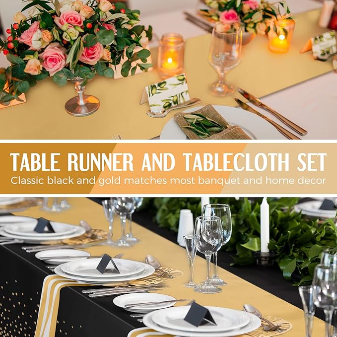 Tudomro 16 Pieces New Year Black and Gold Disposable Plastic Tablecloths and Satin Table Runner Set 54x108 Inch Tablecloth 12x108 Inch Table Runners for Wedding Birthday Baby Shower Graduation
