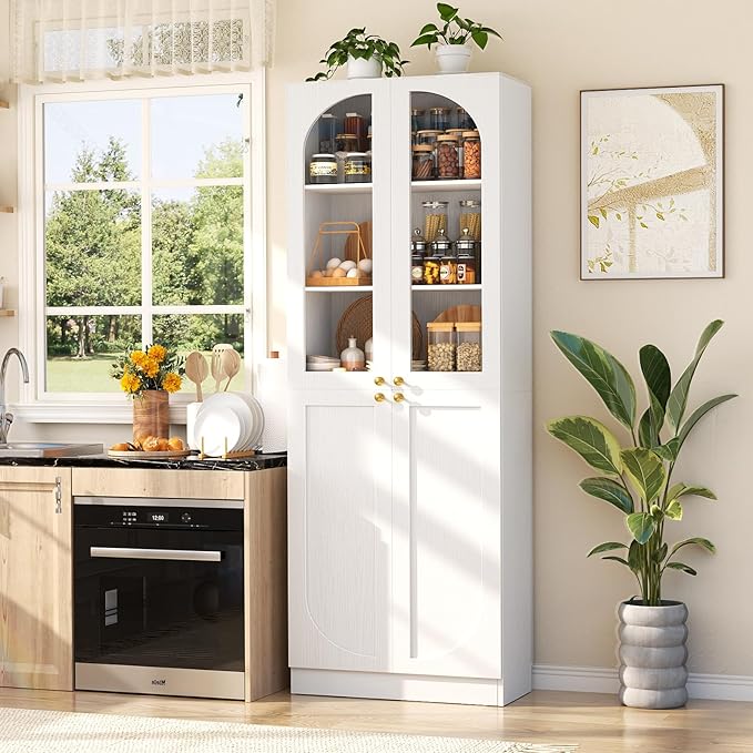 Cyclysio 80" Kitchen Pantry Cabinet, Tall Arch Storage Cabinet with Glass Doors, Freestanding Wood Floor Cupboard Bookcase with Seamless Fit Wall for Dining Room, Living Room, Bathroom (White)