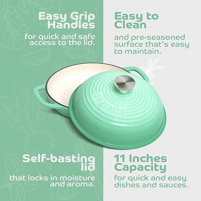Enameled Cast Iron Bread Pan with Lid 11??Green Bread Oven Cast Iron Sourdough Baking Pan, Dutch Oven for Bread, No Seasoning Needed-Segretto Cookware