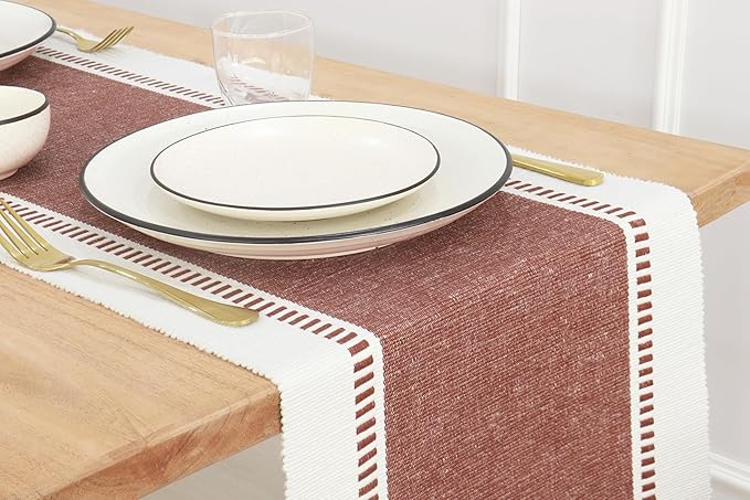 PurpleEssences Rust Table Runner - Wide with Dobby Stripe, Heavy Ribbed Weave & Double Knot Fringes, 14x72 Inch (14x77.5 with Fringes) Farmhouse Decor - Christmas Holiday Winter - Rust and H.White