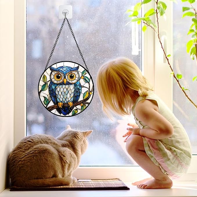 Stained Glass Window Hanging, Owl Gifts for Women Sun Catchers Diamond Glass Panel Hangings Birds Suncatcher Decor for Birthday for Women, Men, Wife, Aunt, and Mom 9.8 in