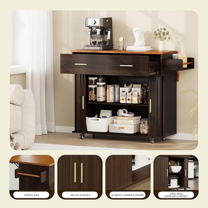 DHH Rolling Kitchen Island with Drop Leaf Countertop&Ample Storage - 39.4" Small Mobile Kitchen Cart On Wheels with Sliding Door,Drawers,Spice Rack & 2-Tier Storage (Coffee)
