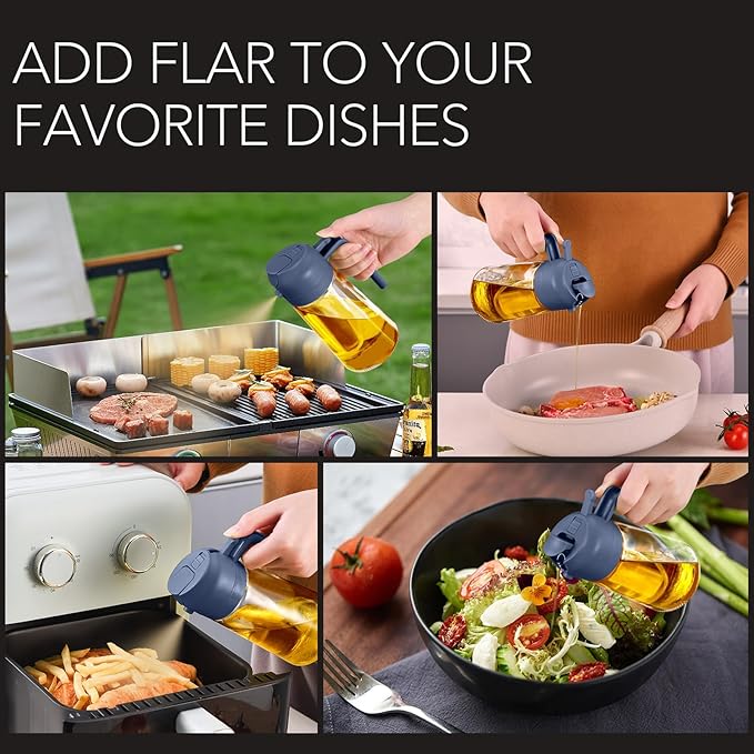 YARRAMATE 16oz/470ml Glass Olive Oil Sprayer for Cooking with Stickers, 2 in 1 Oil Dispenser for Kitchen Gadgets, Food Grade Premium Spray Bottle with Portion Control for Salad, BBQ (Navy)