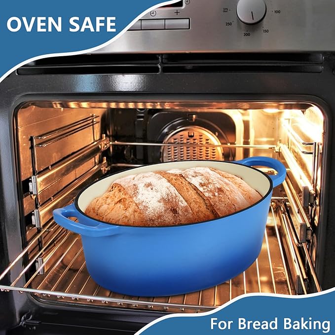 P&P CHEF Oval Dutch Oven with Lid, Enameled Cast Dutch Oven Pot for Bread Baking, Braising, Stewing, Roasting, Non-Stick & Oven Safe, Dual Handles & Easy Clean, 7QT & Blue