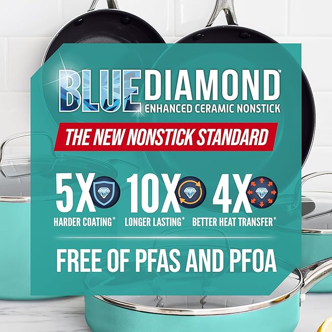 Blue Diamond Frying Pan 8??Skillet, Diamond Infused Healthy Ceramic Nonstick, PFAS and PFOA-Free, Dishwasher and Oven Safe, Even Heating, Metal Utensil Safe, Warp Control Base, Turquoise