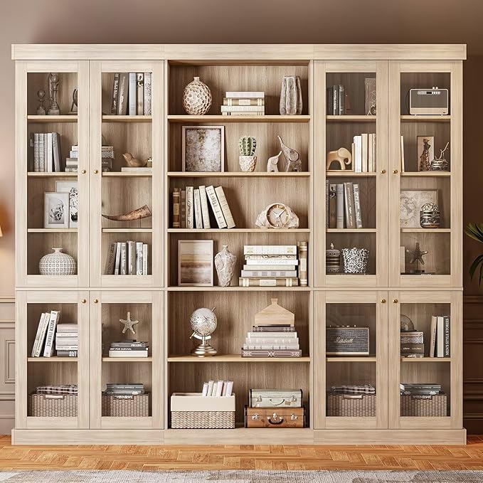 Vyre 70.8" Tall Brown Bookshelf with Glass Doors, Farmhouse Modular Bookcase with 6-Tier Adjustable Shelves, Large Storage Cabinet for Home Office, Living Room