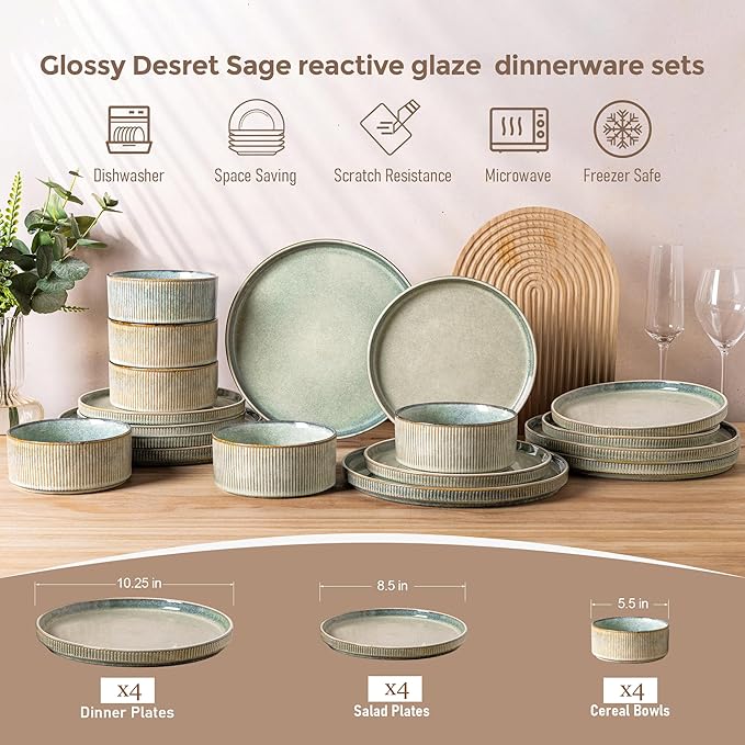 GBHOME Stoneware Dinnerware Sets for 4,Round Reactive Glaze Ceramic Plates and Bowls Set, Highly Scratch Resistant | Dishwasher & Microwave Safe Dishes Set,Service for 4(12Pcs),Desert Sage