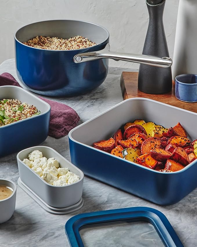 Caraway 6pc Glass Food Storage Set ??10 Cup Food Containers (6) - Ceramic Coated - Non Toxic, Non Stick with Lids - Microwave Safe - Mist