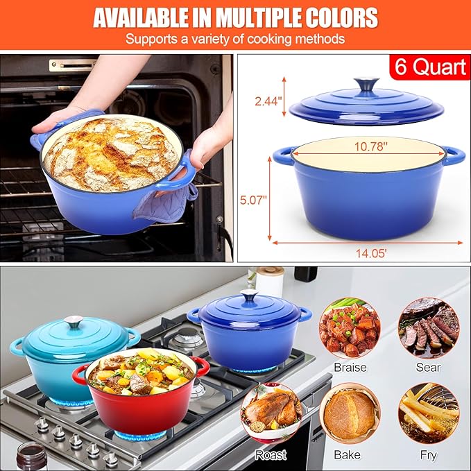Dutch Oven for Bread Baking, 6QT Enameled Cast Iron sourdough dutch oven with Lid ??Includes Proofing Basket, Scoring Lame, Dough Whisk for Sour dough, Bread-making, Blue