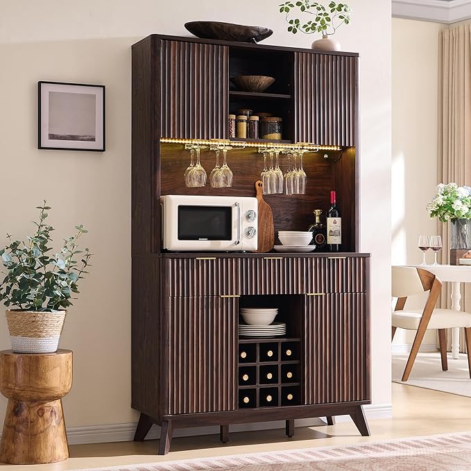 OKD 72" Tall Wine Bar Cabinet with Storage Hutch, Modern Wood Fluted Coffee Bar Cabinet with LED Lights and 10 Tier Storage Shelf & 9 Grid Wine Glass Rack for Home Dining Room Kitchen (Dark Walnut)