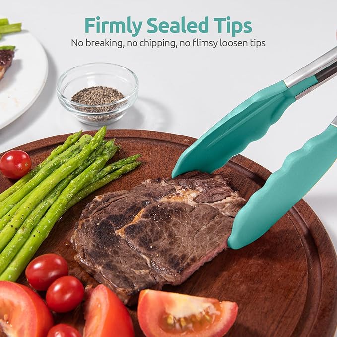 600쨘F Heat Resistant Kitchen Tongs: U-Taste 9+12 inch Silicone Cooking Tong Set with Firm Sealed Non Stick Rubber Tips and Silicon Coated 18/8 Stainless Steel Handle for Serving Grilling (Aqua Sky)