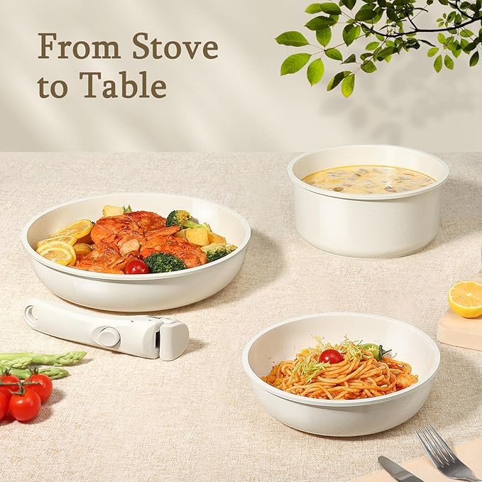 GiPP Ceramic Pots and Pans Set Non Stick, Nonstick Detachable Handle Cookware Sets, Healthy Non Toxic PFAS PFOA & PTFE Free, Dishwasher 竊냀ven Safe, Induction Kitchen Pot and Pan, 8 Piece Cream
