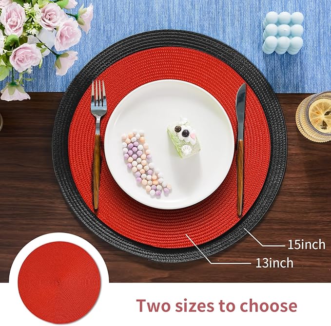 FunWheat Round Braided Placemats Set of 8 Place Mats for Dining Tables Woven Washable Non-Slip Table mats Small 13 inch(S Red, 8pcs)