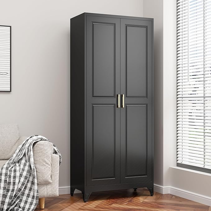 75??Tall Kitchen Pantry Cabinet,Metal Storage Cabinet with Doors and Adjustable Shelves,Modern Kitchen Hutch Cabinets,Freestanding Cupboard for Dining Living Room