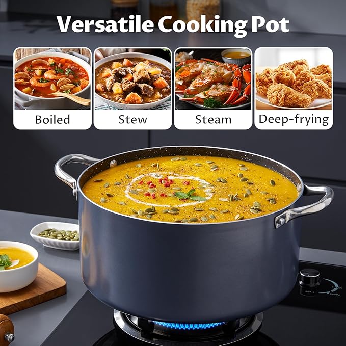 BEZIA 8 Quart Cooking Pot, Large Non Stick Induction Stock Pots with Lid, All Stove Compatible, 8 QT Aluminum Soup/Stew Pot For Families of 3??, Grey