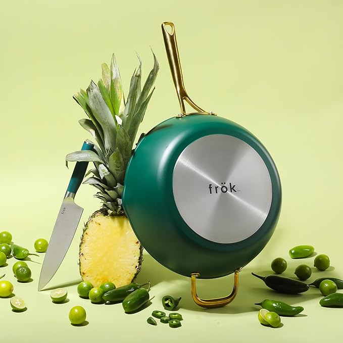 Frok 13" Frying Pan Wok Skillet 4MM Thick Quick Heat Aluminum Cookware w/Aluminum Lid Premium PFA Free Ceramic Nonstick Interior & Heat Resistant Exterior - Induction - Green & Gold