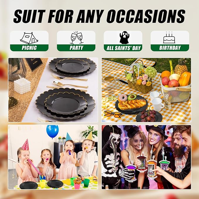 SUT 72 PCS Black Plates,Black Plastic Plates with Gold Rim, plastic Plate for Party, 7.5 inch Dessert plate, Disposable plate for Party