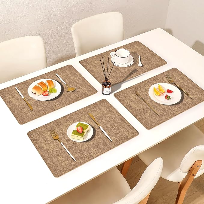 Boobezeen Faux Leather Placemats Set of 6, Heat Resistant Wipeable Washable Vinyl Place Mats, Waterproof Anti-Slip Dining Table Mats, Suitable for Indoor & Outdoor Use (Light Brown)