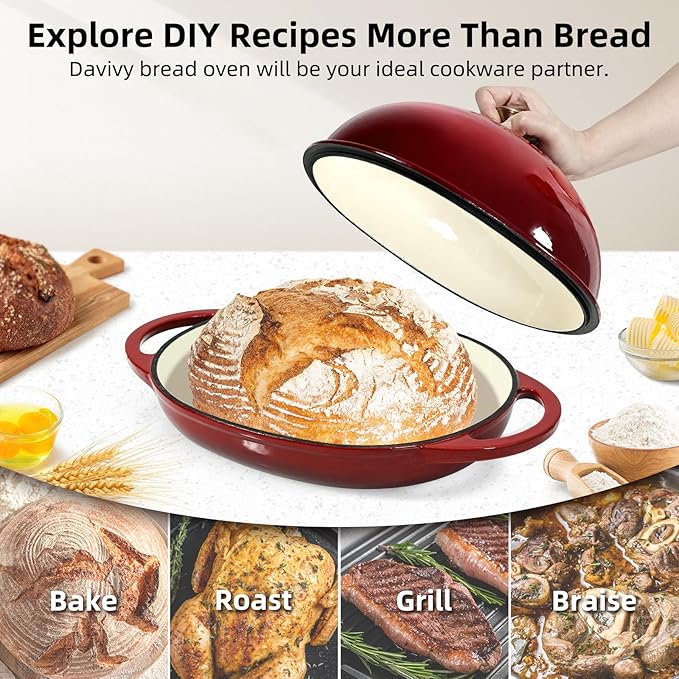 Davivy 6QT Oval Bread Dutch Oven with Silicone Baking Mat, Enameled Cast Iron Dutch Oven for Sourdough Bread Pan 6QT, Cast Iron Bread Cloche Sourdough Pan with Domed Lid - Ruby Red